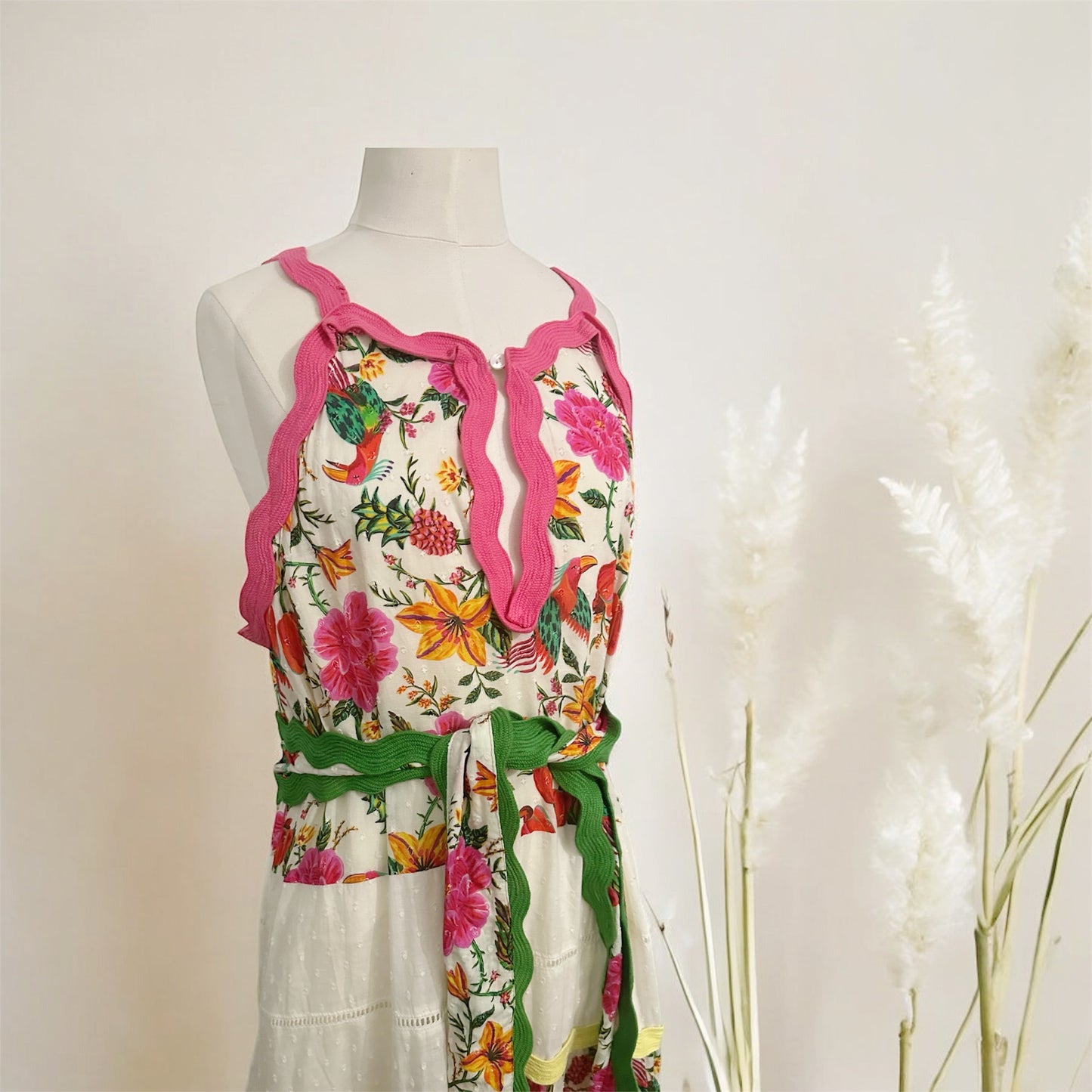 Farm Rio Dress Toucans Garden Sleeveless Maxi Floral Tiered Belted Dress