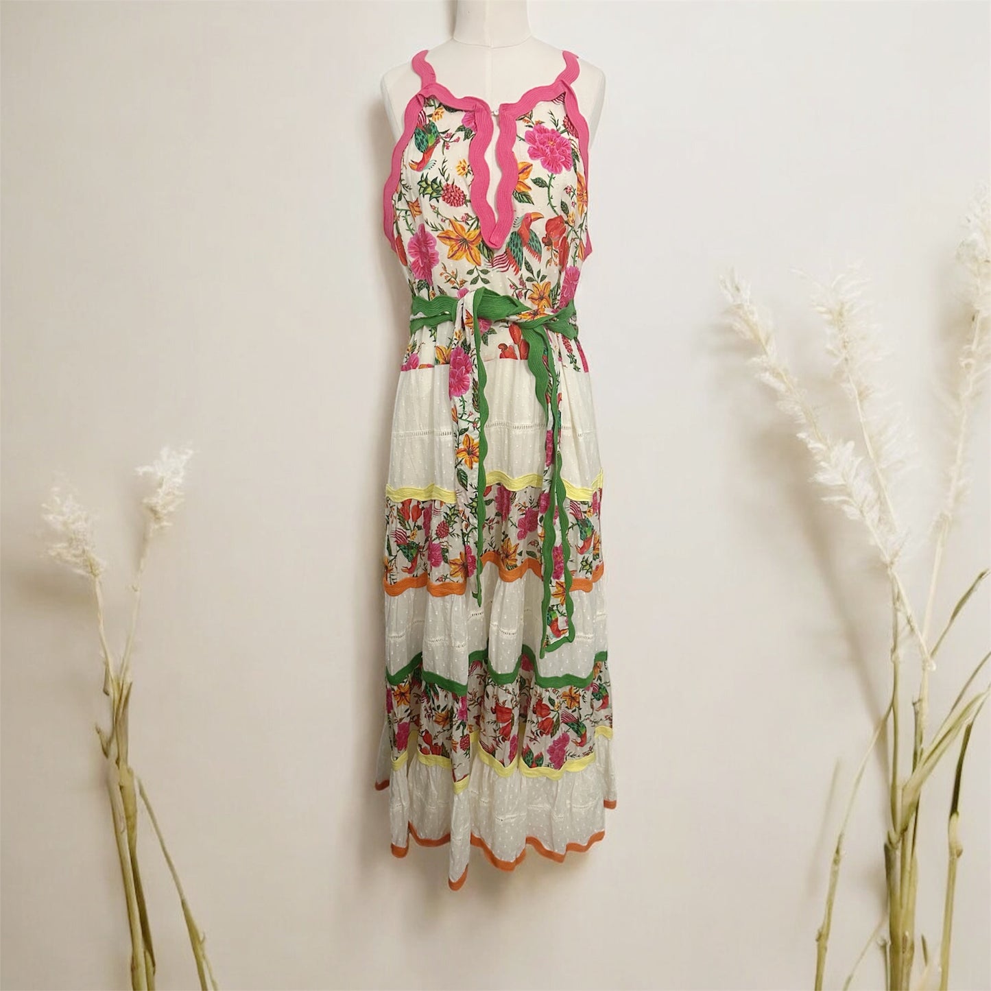 Farm Rio Dress Toucans Garden Sleeveless Maxi Floral Tiered Belted Dress