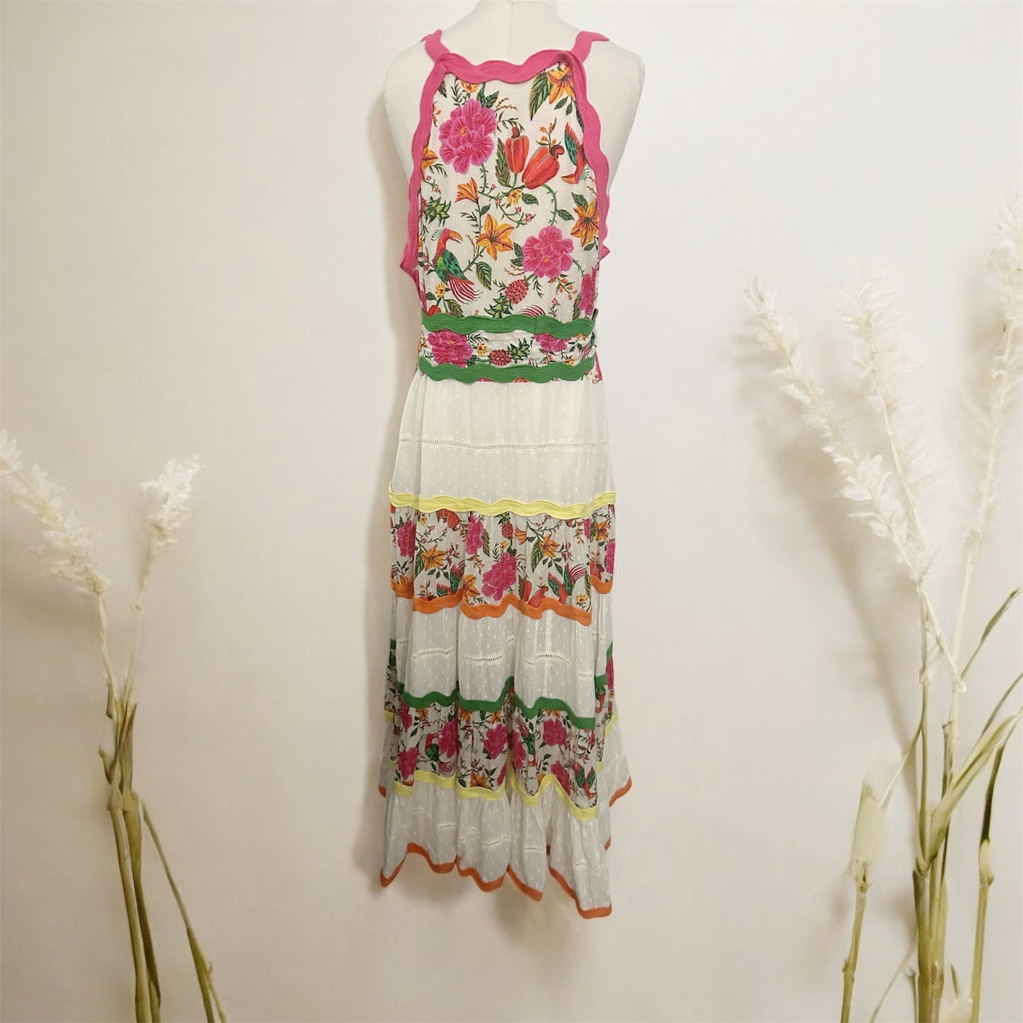 Farm Rio Dress Toucans Garden Sleeveless Maxi Floral Tiered Belted Dress